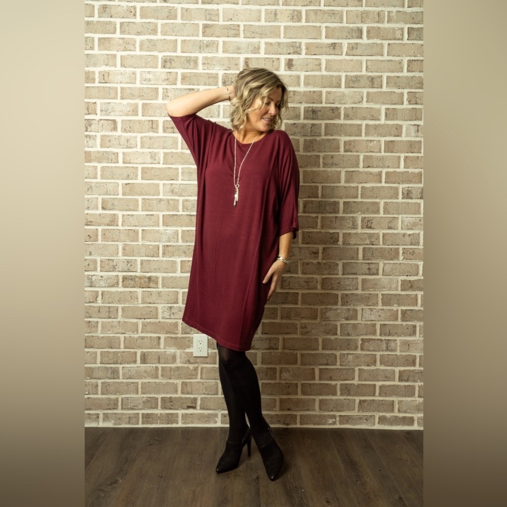 Bryn Walker | Alona Houndstooth Red & Black‎ Dolman Shift Dress Lagenlook XS